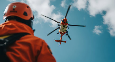 A person in orange safety gear and helmet looks up at a rescue helicopter against a blue sky with scattered clouds. The helicopter is orange and white with spinning rotors.の素材