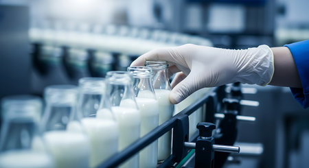 A gloved hand reaches for a glass milk bottle on a conveyor belt in a factory setting. The bottles are filled with white liquid and move along the automated production line.の素材