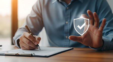A man in a blue shirt is signing a document with a pen on a wooden table. A white shield icon with a checkmark hovers over his other hand. The scene is lit with natural light from a nearby window.の素材