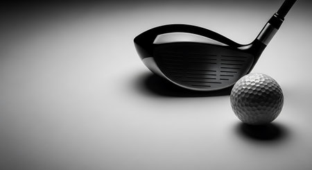 A monochrome image shows a golf driver and ball in a studio setting. The golf ball sits in front of the driver head, casting a shadow on the white surface. The driver is black with a metallic handle.の素材