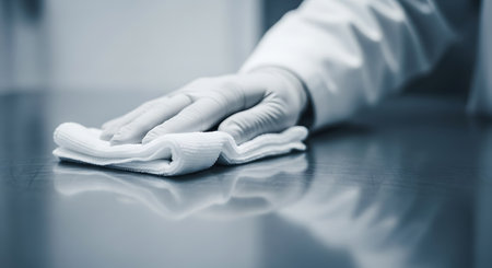 A gloved hand wipes a shiny surface with a white cloth. The image is in a blue tone, emphasizing cleanliness and hygiene. The surface reflects the cloth and hand.の素材