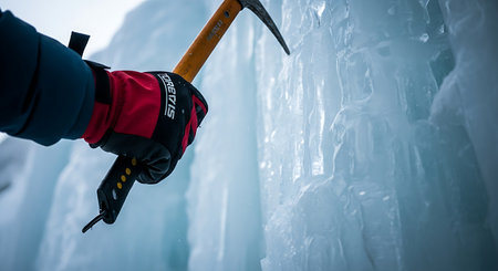 A climber's gloved hand holds an ice axe against a frozen waterfall. The glove is red and black. The ice axe has a wooden handle. The ice is light blue and textured.の素材