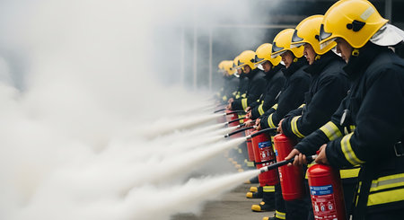 A line of firefighters wearing yellow helmets and black uniforms are extinguishing a fire with red fire extinguishers. White smoke fills the air.の素材