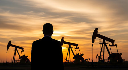 Silhouette of a man in a suit, viewed from the back, looking out at multiple oil pumps in an oil field at sunset. The sky is orange and cloudy.の素材