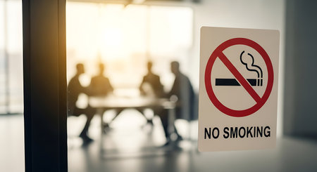 A no smoking sign is affixed to a glass door, with a silhouetted business meeting visible in the background. The sign features a red circle with a line through a cigarette, and the words "NO SMOKING" in black text.の素材