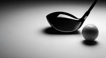 A golf driver and ball are positioned on a gray surface with studio lighting. The driver is black and shiny, with the golf ball textured with dimples.の素材