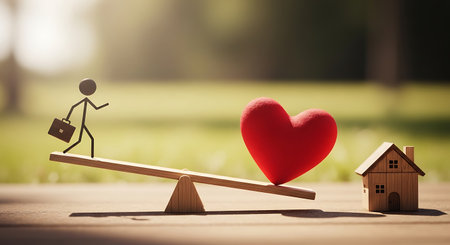 A stick figure with a briefcase is on one end of a wooden seesaw, balancing against a red heart and a small wooden house on the other end. The scene is set outdoors with a blurred green background.の素材
