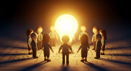 Clay figures stand in a circle around a large, glowing light bulb. The figures are on a blueprint with schematic drawings. The scene is lit with warm light.の素材
