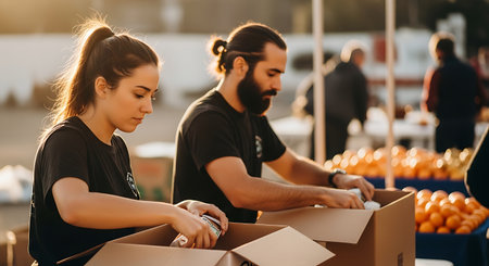 Two volunteers in black t-shirts pack food items into cardboard boxes at an outdoor charity event. Oranges and canned goods are visible. Warm sunlight illuminates the scene.の素材