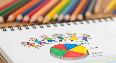 A close-up shows a spiral-bound notebook with a childlike drawing of stick figures holding hands and a pie chart, with colorful pencils blurred in the background.の素材