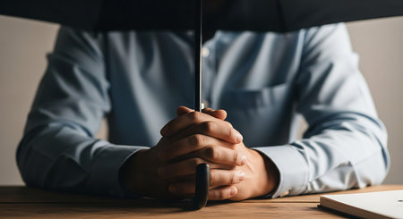 A man in a blue button-down shirt sits at a wooden desk, holding the handle of a black umbrella. His hands are clasped together. The scene is lit with soft light, creating shadows on the desk and clothing. A book rests on the desk to the side.の素材