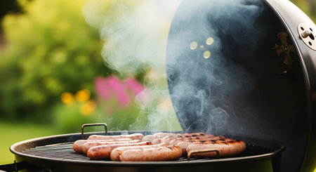 Sausages cook on a black grill with smoke rising. The background is a blurred garden with green foliage and pink and yellow flowers. The grill lid is open.の素材