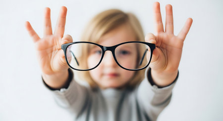A blonde girl holds a pair of black framed glasses in front of her face. The background is white, and the girl's face is slightly blurred. Her hands are visible, holding the glasses up.の素材