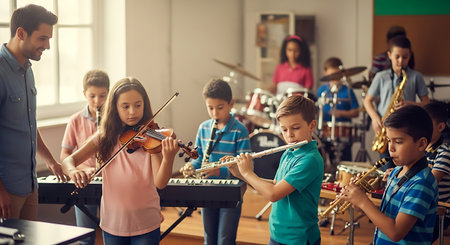 Children are playing musical instruments in a music class. A teacher is supervising. Instruments include a violin, flute, clarinet, trumpet, saxophone, and drums.の素材