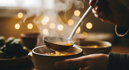 Steaming soup is being ladled from a silver spoon into a tan bowl. The background is blurred with bokeh lights. Hands are holding the bowl.の素材
