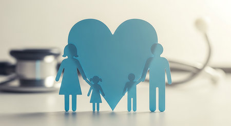 Blue paper cutout of a family with a heart shape behind them, with a stethoscope blurred in the background.の素材