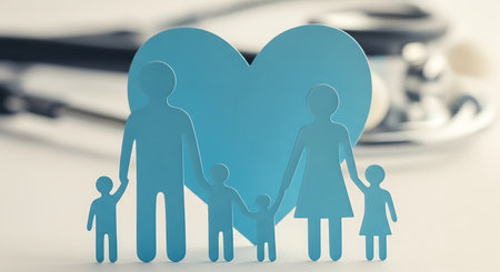 A light blue paper cutout of a family of five stands in front of a matching heart shape, with a stethoscope blurred in the background on a white surface.の素材