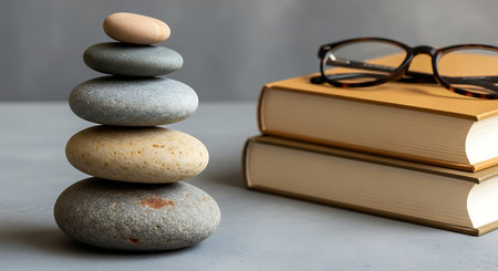 Stacked stones with books and glasses on gray surface. A still life featuring a stack of smooth stones, two books with tan covers, and eyeglasses. The background is a neutral gray.の素材