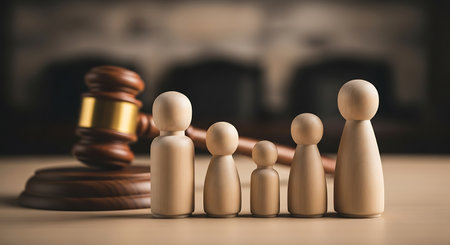 Wooden family figures stand in a row on a tan surface, with a wooden gavel and striking block behind them in soft focus. The figures vary in size, representing different family members. The background is blurred.の素材