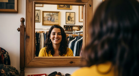 A woman in a yellow shirt smiles in the reflection of a wooden framed mirror inside a clothing store. The mirror reflects the woman and the clothing rack behind her. Paintings hang on the wall in the background.の素材