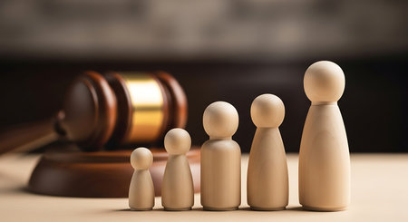 Wooden family figures stand in a row next to a gavel on a beige surface. The figures vary in size representing different family members. The gavel suggests legal or judicial context.の素材
