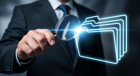 A man in a dark suit and blue tie holds a magnifying glass up to a glowing blue folder icon. The scene suggests data inspection or file search.の素材