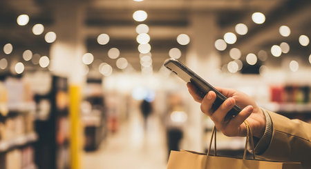 A hand holds a smartphone and a shopping bag in a store aisle with blurred background and lights.の素材
