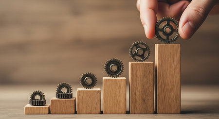 Wooden blocks arranged in ascending order with gears on top, a hand placing a gear on the tallest block, on a wooden background.の素材
