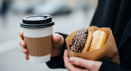Hands hold a white paper coffee cup with a brown corrugated sleeve and a paper bag containing two glazed donuts, one chocolate with sprinkles and one with white glaze.の素材