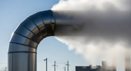 A large metal pipe curves against a blue sky, releasing a plume of white steam or vapor. The industrial landscape includes a building and power lines in the background.の素材