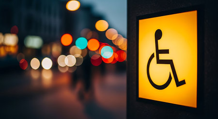 A yellow handicapped sign is mounted on a dark post. Bokeh lights from the city street create a blurred background with orange, red, and teal lights.の素材