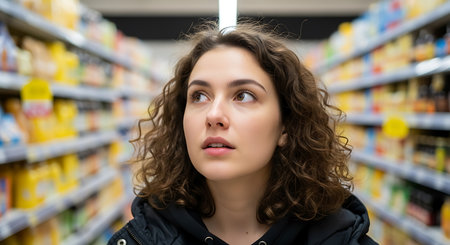 A woman with curly brown hair looks up while standing in a supermarket aisle. Shelves filled with various products are visible in the blurred background. She is wearing a black jacket.の素材
