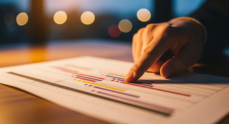 A finger points to a colorful line graph printed on white paper. The graph shows red, yellow, purple, and green lines. Bokeh lights are blurred in the background. The scene is lit with a warm glow.の素材