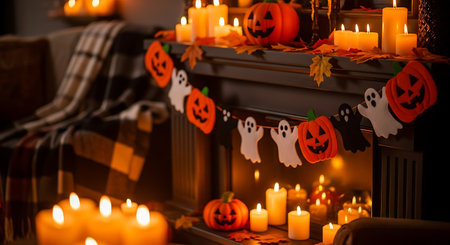 Halloween decorations adorn a fireplace mantel with pumpkins, ghosts, candles, and autumn leaves creating a warm and cozy atmosphere.の素材
