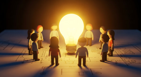 Toy plastic people stand in a circle around a large glowing lightbulb, all positioned on top of a blueprint. The lightbulb illuminates the scene with a warm yellow glow.の素材