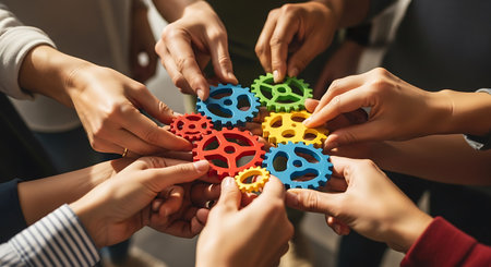 Multiple hands are shown holding and connecting colorful plastic gears. The gears are red, blue, yellow, and green. The scene suggests teamwork, collaboration, and problem-solving.の素材