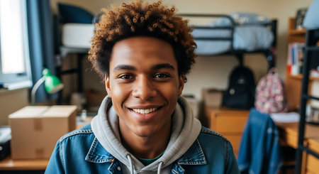 A close-up portrait of a smiling young man with an afro hairstyle, wearing a denim jacket over a gray hoodie. He is in a dorm room with a bunk bed, wooden furniture, and a cardboard box visible in the background.の素材