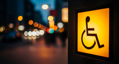 An illuminated yellow handicap sign is mounted on a dark surface. In the blurred background are city lights creating a bokeh effect.の素材