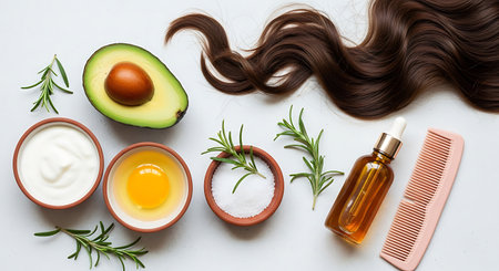 Flat lay of hair treatment ingredients including avocado, egg, oil, rosemary, yogurt, salt, comb and brown hair on a white surface.の素材