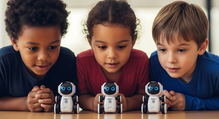 Three children of different ethnicities are intently watching three small white and black toy robots. The robots are arranged on a wooden surface. The children are wearing blue and red shirts. They are looking down with expressions of curiosity and interest.の素材