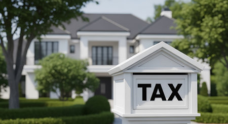White mailbox with the word TAX in black letters. The mailbox sits in front of a large white house with a dark gray roof and a green lawn.の素材