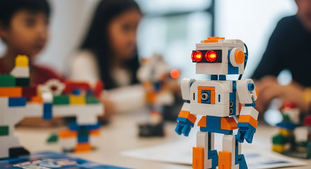 Robot showing white and blue toy robot with red eyes on table with kids. High resolution image suitable for commercial use. Clear details and vibrant colors enhance visual appeal.の素材