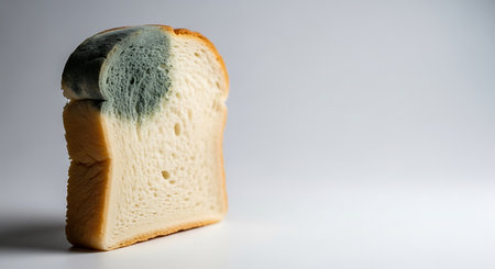 A single slice of white bread shows significant green and blue mold growth on its top portion. The bread sits against a plain white background.の素材