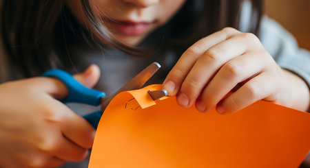 A close up shot shows a child cutting orange paper with blue handled scissors. The child's hands are visible as they manipulate the paper and scissors. The focus is on the hands and the paper cutting activity.の素材