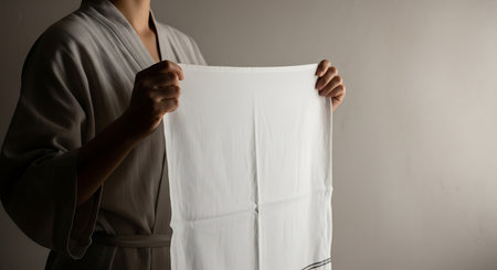 A person wearing a gray robe holds a folded white towel against a neutral background. The towel is clean and crisp.の素材