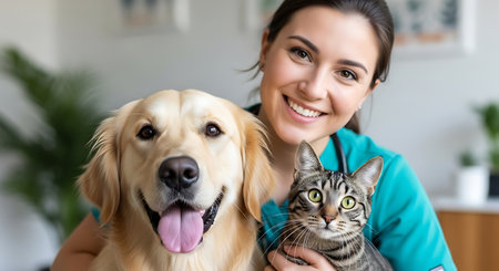 A smiling veterinarian in green scrubs holds a golden retriever dog and a tabby cat. The dog has its tongue out and the cat has green eyes. The woman has brown hair and a stethoscope around her neck.の素材
