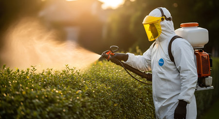 A person wearing a white protective suit and yellow visor is spraying green bushes with pesticide. The worker is using a backpack sprayer with a hose and nozzle. Sunlight illuminates the scene.の素材
