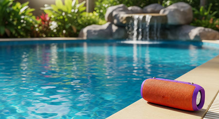 An orange and purple speaker sits on the edge of a swimming pool. The pool has turquoise blue water and a waterfall feature made of rocks and plants in the background.の素材
