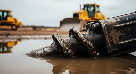 Auger drill head partially submerged in muddy water. Yellow construction vehicles are visible in the background on a construction site.の素材