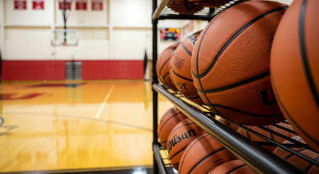 Basketballs are stacked on a black metal rack inside a gymnasium. The gym features a wooden court with painted lines and a basketball hoop. A scoreboard is visible in the background.の素材